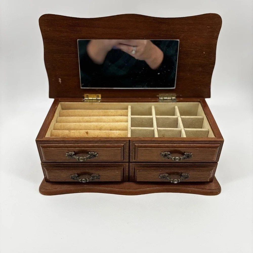 Vintage Mele Wooden Flip Top Jewelry Box Table Top Drawers Ring Holder Trinket